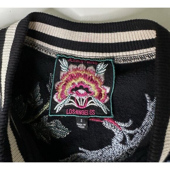 JOHNNY WAS Black French Terry Bomber Jacket Embroidered Boho Small Boho - Picture 4 of 10